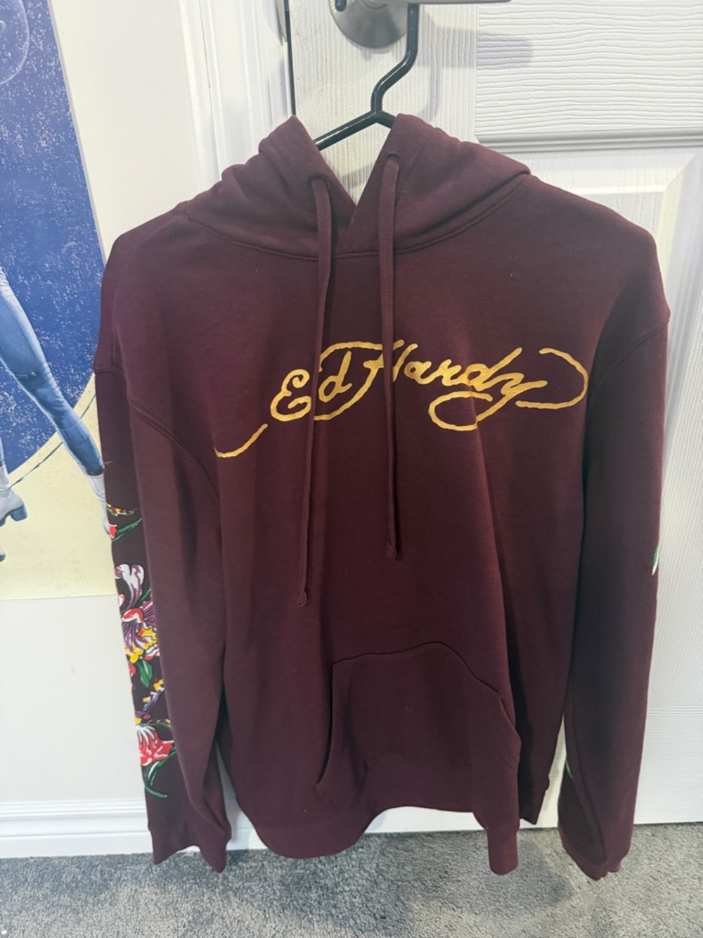 Ed Hardy Burgundy Hoodie with Gold Script Logo